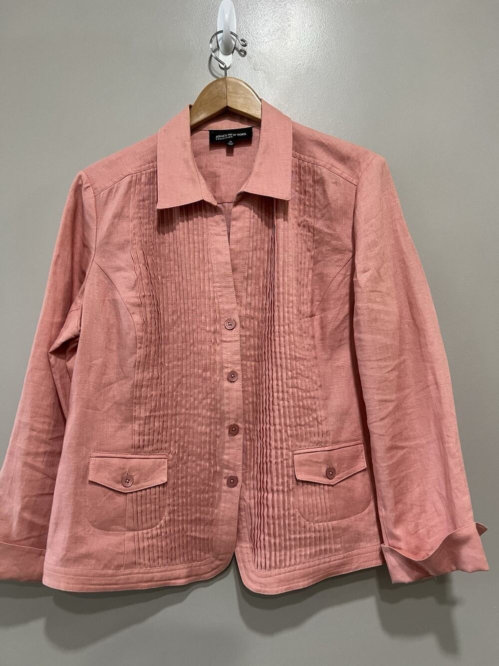 Jones New York Linen Pintuck Jacket Womens Sz 8 Button Up Front Pink Grannycore